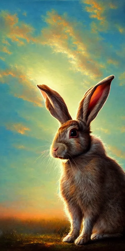 Prompt: rabbit hybrid in modern casual clothes , backlight body , extreme very textured detailed intricate victorian painting , sunset, dramatic clouds cyan atmosphere