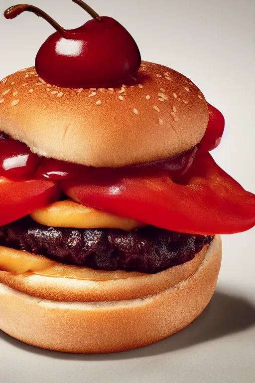 Prompt: mcdonalds hamburger covered in cherries, commercial photography