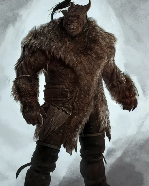 Image similar to A full body shot of a handsome orc looking into the camera wearing a leather fur jacket and boots, full body shot, detailed face, artstation, realistic, highly detailed, symmetrical, hyper realistic, dynamic pose, high detail, octane render, unreal engine, 8k, fantasy art, highly detailed, concept art