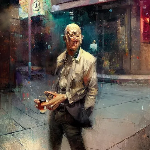 Image similar to a realistic hyperdetailed multi - colored digital oil full body portrait painting of a man playing on a playstation 5 outside at a restaurant, beer in hand, in the style of guy denning, ruan jia, and craig mullins. trending on artstation and deviantart. cgsociety digital art.