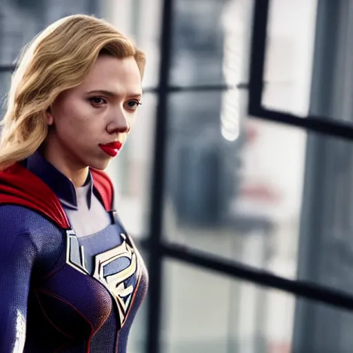 Prompt: photo of scarlett johansson as supergirl, in a studio