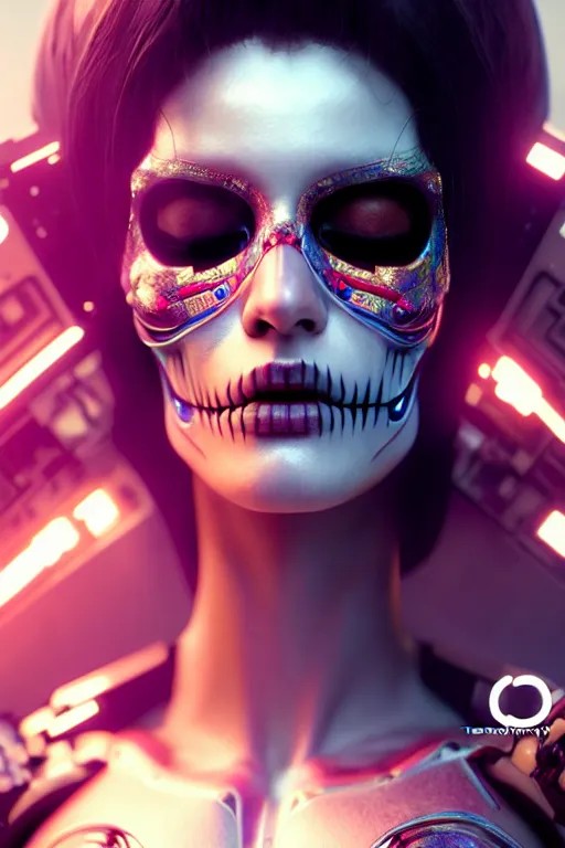 Prompt: beautiful android woman, eyes closed, photorealistic cinematic, 3 d model, cyborg, postcyberpunk, octane render, concept art, vogue, 8 k, intricate detailed environment ( ( el dia los muertos ) ). by terry oneill and artgerm and kuciara and mucha