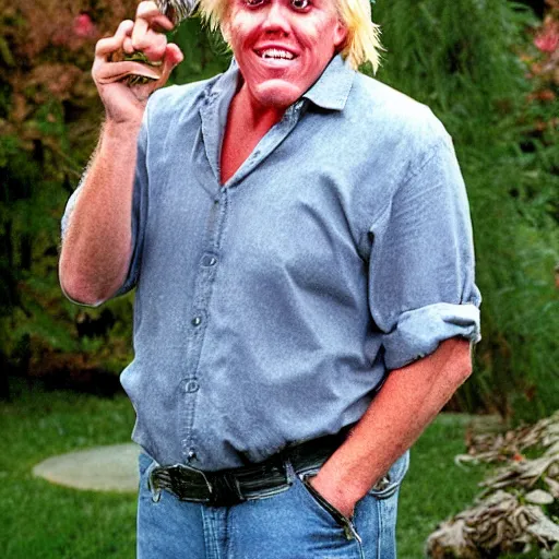 Image similar to gary busey as a garden gnome