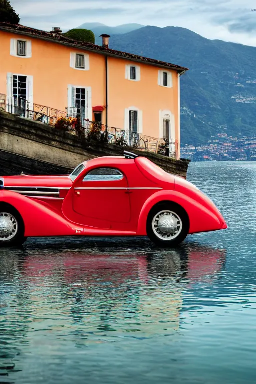 Image similar to Photo of a red 1939 Delahaye parked on a dock with Lake Como in the background, wide shot, daylight, dramatic lighting, award winning, highly detailed, 1980s, luxury lifestyle, fine art print, best selling.