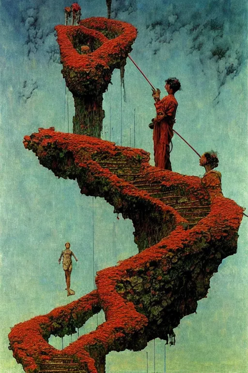 Image similar to a stairway to heaven by norman rockwell and zdzislaw beksinski