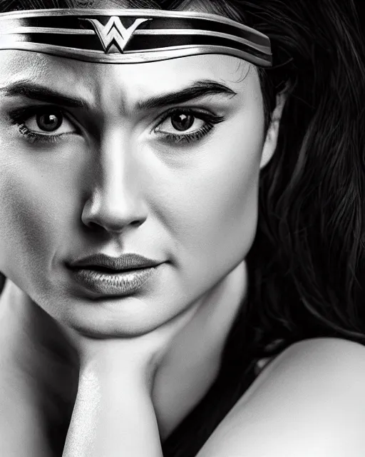 Prompt: wonderwoman portrait hd sharp monochrome noir photo with mix of gal Gadot and Linda Carter in frank Miller Alex Ross style detailed trending Leica Zeiss depth of field