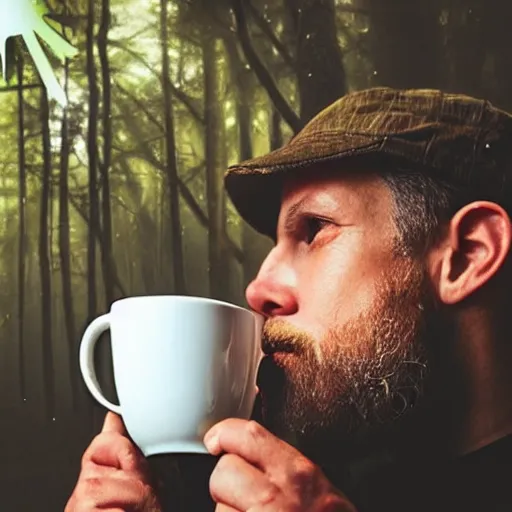 Image similar to dude drinking mug of hot coffee!!!!!!! in a mystical fantasy forest!!!!!!!!!