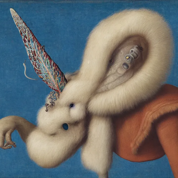 Image similar to close up portrait of a mutant monster creature with white fluffy moth pouf, exotic lily ears, delicate blue conch corns, snout. by jan van eyck, walton ford