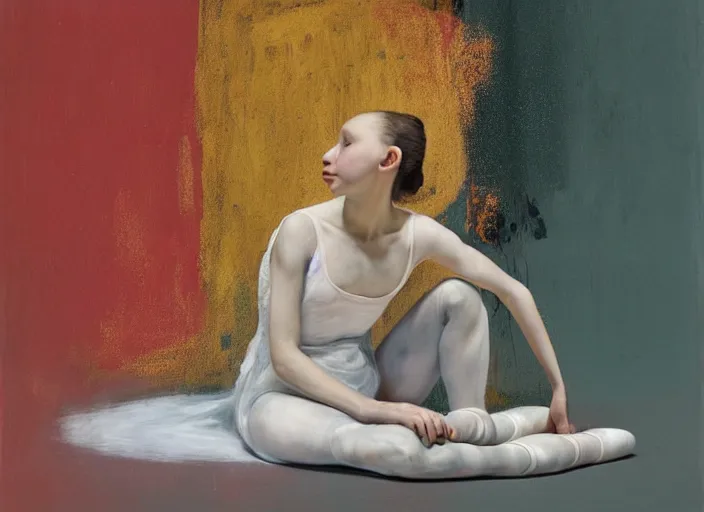 Image similar to portrait of nervous young girl ballerina sitting on the floor focusing in a dance hall by vincent lafevre and francis bacon and pat steir and hilma af klint, psychological, symmetrical face, dripping paint, washy brush, matte painting, rendered in octane, altermodern, masterpiece