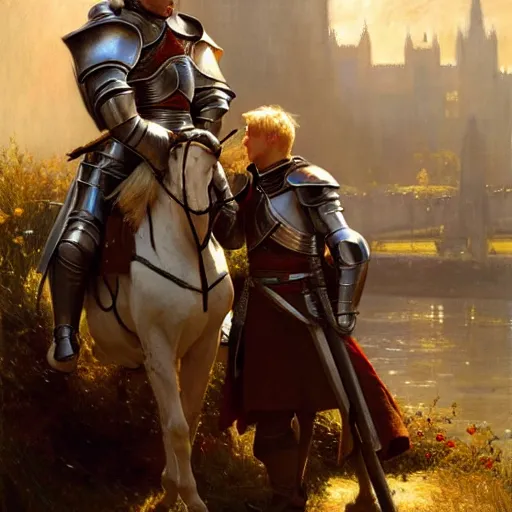 Image similar to attractive arthur pendragon and his favourite attractive male knight, they are in love, camelot, natural lighting, path traced, highly detailed, high quality, digital painting, by gaston bussiere and ross tran and j. c. leyendecker