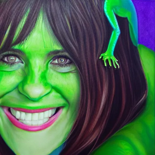 Image similar to zoey deschanel as a smiling laughing bright green lizard person, airbrush painting, hyper detailed, 8 k, photorealism, rule of thirds,.