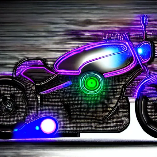 Prompt: cyberpunk motorcycle, realistic style, high detail, chrome, neon