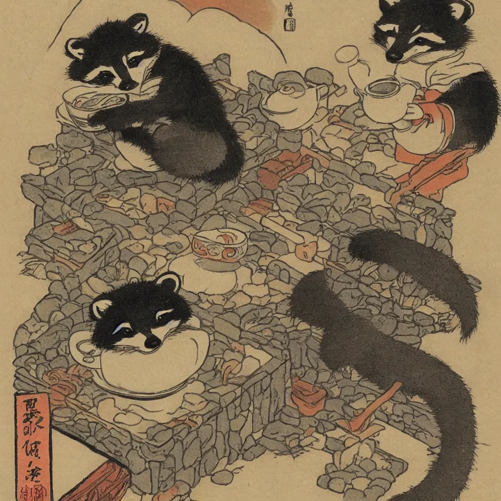 Image similar to little raccoon sitting by a cozy fireplace with a cup of tea. warm color temperature. ukiyo - e,