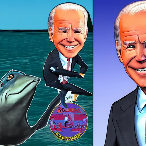 Prompt: joe biden sharkman, animal transformation, lovecraftian sea creature, caricature, gta 5 portrait