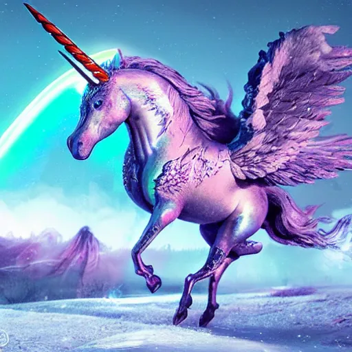 Image similar to a iridescent unicorn with wings is wounded in the snow, trail of blood follows behind it, nuclear winter, toxic smog in the sky, ultra realistic, concept art, intricate details, highly detailed, photorealistic, octane render, 8 k, style of mary jackson