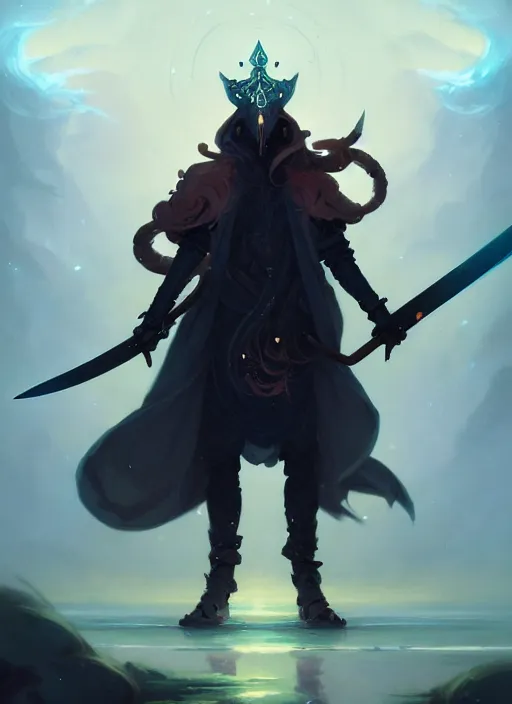 Prompt: full body picture of an legendary blader, holding a ego sword to the camera, long black jacket, intricate, masterpiece, epic fantasy illustrations by peter mohrbacher and anato finnstark and jeremy lipking