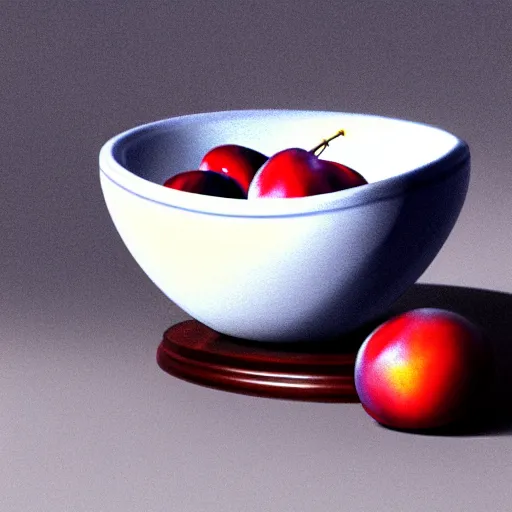 Prompt: concept art drawing of a single thick porcelain bowl filled with a few moist freshly picked plums on a wooden table. volumetric lighting. small scale. artistic. trending on artstation.