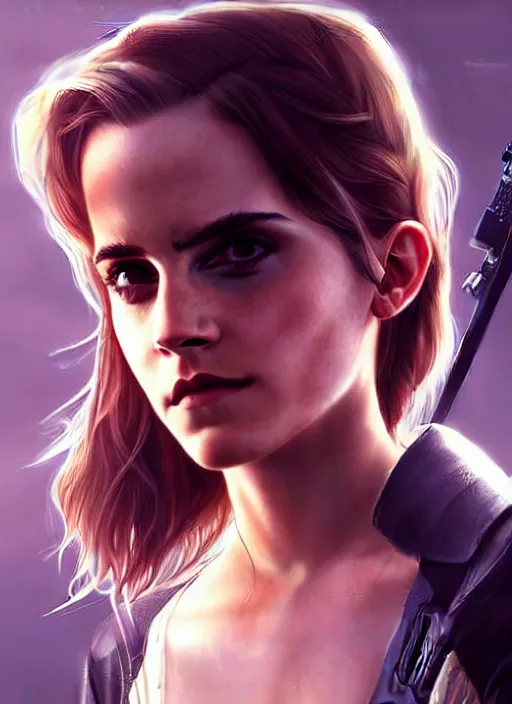 Image similar to portrait of Emma Watson as a character in Cyberpunk 2077, looking at camera, intricate, elegant, sci-fi, extremely detailed, digital painting, artstation, concept art, smooth, sharp focus, illustration, ambient lighting, incredible art by artgerm and greg rutkowski and alphonse mucha and simon stalenhag