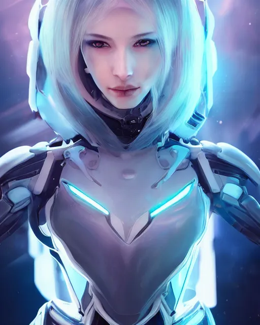 Image similar to perfect android girl on a mothership, warframe armor, beautiful face, scifi, futuristic, galaxy, nebula, raytracing, dreamy, long white hair, blue cyborg eyes, sharp focus, cinematic lighting, highly detailed, artstation, divine, by gauthier leblanc, kazuya takahashi, huifeng huang