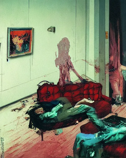 Image similar to old dead couple on couch in a decayed and ruined apartment room in the style of Francis Bacon and Syd Mead and Norman Rockwell and Beksinski, open ceiling, highly detailed, painted by Francis Bacon and Edward Hopper, painted by James Gilleard, surrealism, airbrush, very coherent, triadic color scheme, art by Takato Yamamoto and James Jean