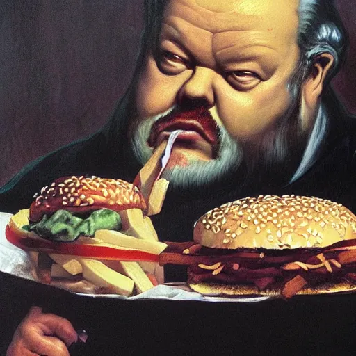 Prompt: surreal grotesque kitsch low-brow Orson Welles emerging from deep shadows eating hamburgers, extra onions and ketchup, luscious patty with sesame seeds, figure in the darkness, serving big macs french fry pattern ambience, Francisco Goya, painted by John Singer Sargant, Adrian Ghenie, style of Francis Bacon, highly detailed, 8k, trending on artstation