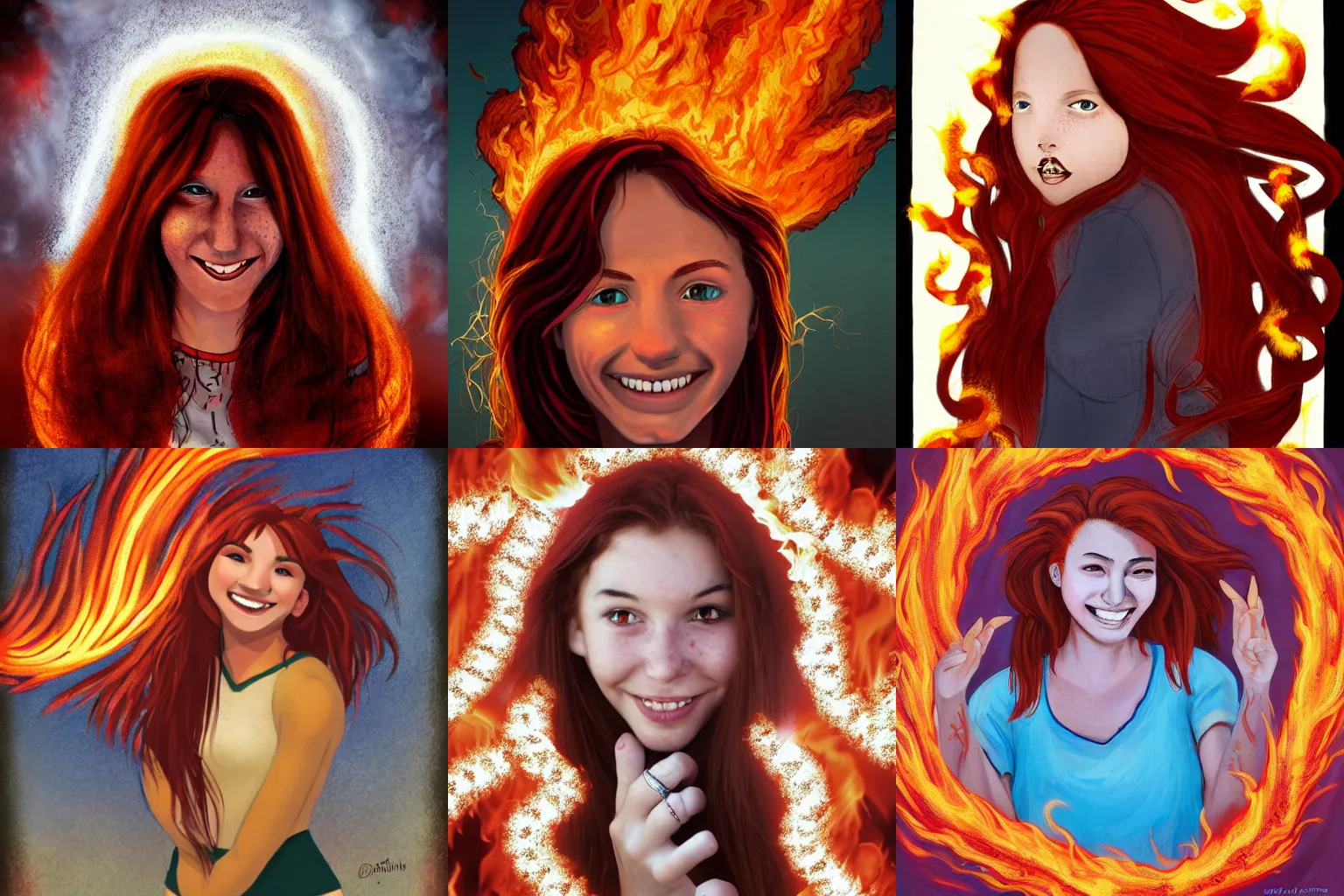 Prompt: a red haired brown eyed teenage girl surrounded by rings of flames and wisps of fire smiling maliciously. By Dan Mora