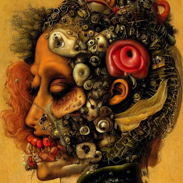 Image similar to profile portrait of a woman, by giuseppe arcimboldo, cyberpunk, futuristic, psychedelic, surreal, sci - fi, dreamlike.