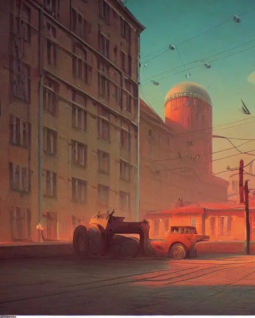 Prompt: a beautiful painting of old soviet city, by simon stalenhag and zdzisław beksinski and rene magritte and greg rutkowski, in style of digital art. hyper detailed, rim light, exquisite lighting, clear focus, very coherent, plain background, soft painting