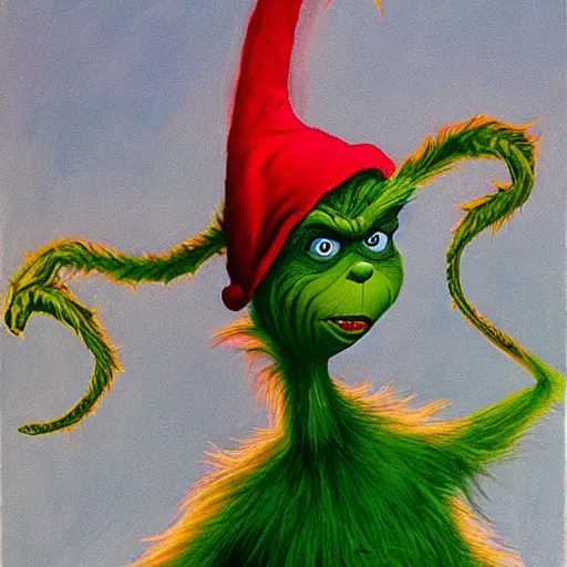 Image similar to the Grinch is Sauron, surrealist, contemporary painting