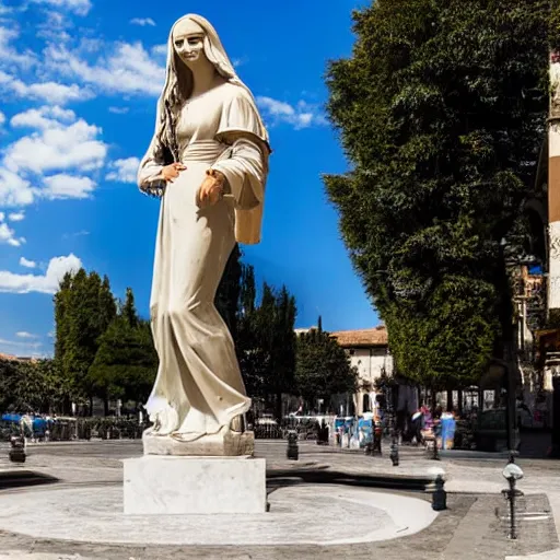 Image similar to A marble sculpture of The Mona Lisa in the middle of an empty Italian piazza, golden hour, 8k photograph, sunny day, low angle