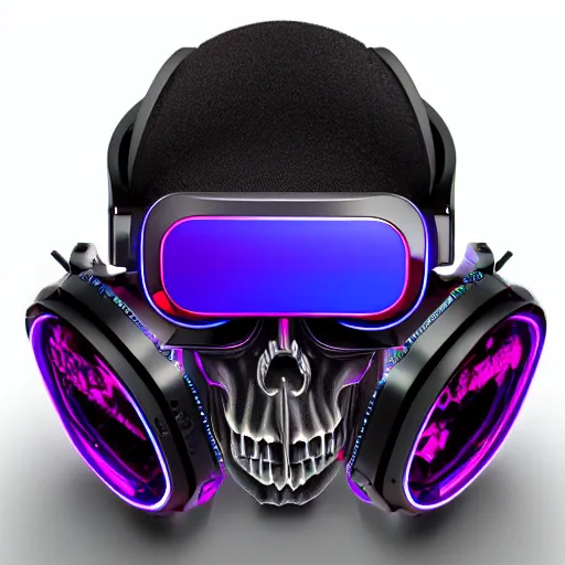 Image similar to a skull with a vr headset in a cyberpunk aesthetic, 4 k, with the exact word pixel written on the headset