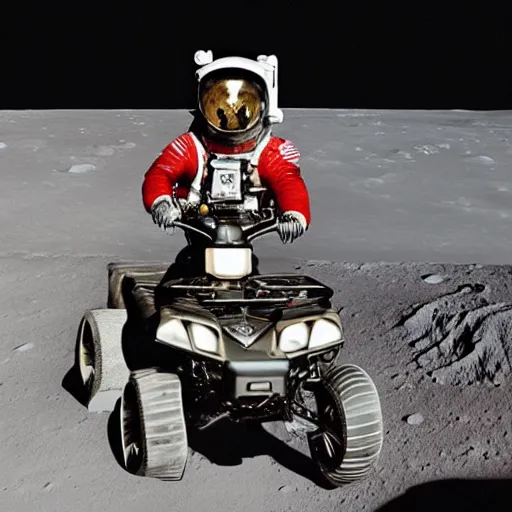 Image similar to photo of monkey in tuxedo riding an atv on the moon