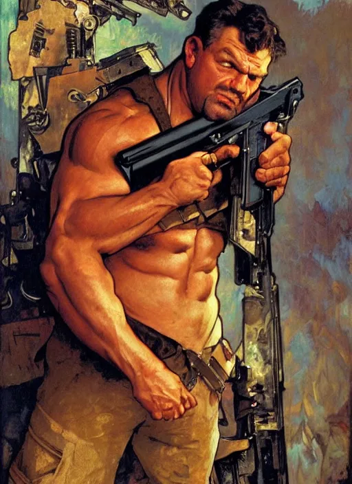 Prompt: gk chesterton as a buff action hero with muscles and a shotgun. portrait by james gurney craig mullins and alphonso mucha. realistic face. expressive.