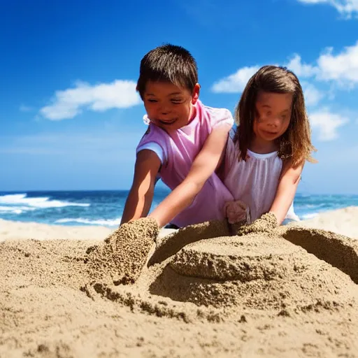 Image similar to photograph of 2 children making a sand sculpture representing a crab. seaside, beach. blue sky, some clouds, sun.