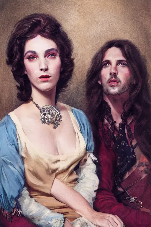 Image similar to a portrait of handsome young male 1960s rock star with long hair and his elegant beautiful 1960s bohemian wife, bored, illustration, dramatic lighting, soft details, painting oil on canvas, art nouveau, octane render, HDR, 4k, 8k, HD, by Edmund Blair Leighton, Brom, Charlie Bowater, trending on artstation, faces by Tom Bagshaw, Sargent