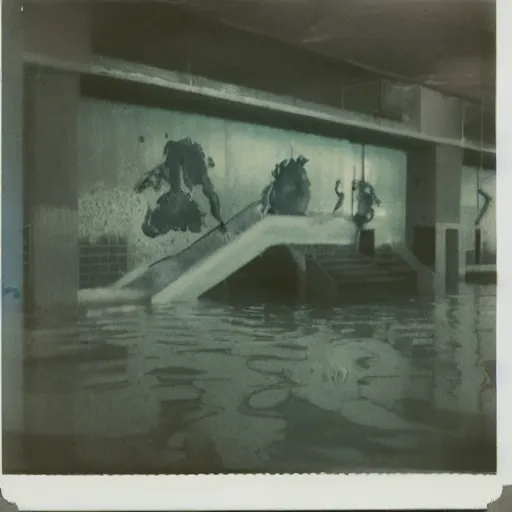 Image similar to abandoned indoor water park with strange creatures lurking, polaroid photo