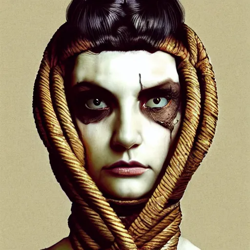 Image similar to portrait of a Shibari rope wrapped face and neck, headshot, insanely nice professional hair style, dramatic hair color, digital painting, of a old 15th century, old cyborg merchant, amber jewels, baroque, ornate clothing, scifi, realistic, hyperdetailed, chiaroscuro, concept art, art by Franz Hals and Jon Foster and Ayami Kojima and Amano and Karol Bak,