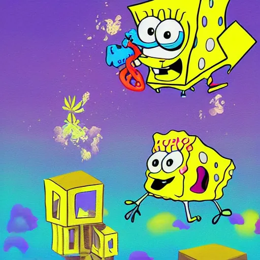 Prompt: spongebob squarepants in an abstract world with weed clouds, digital art, by Lulu Chen