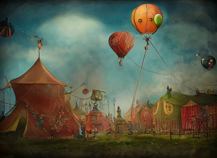 Prompt: octopus balloon flying over circus tent, lowbrow, matte painting in the style of alexander jansson,