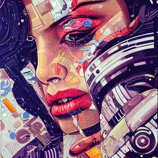 Prompt: portrait of female android by ((Sandra Chevrier)) and ((Dan Mumford))
