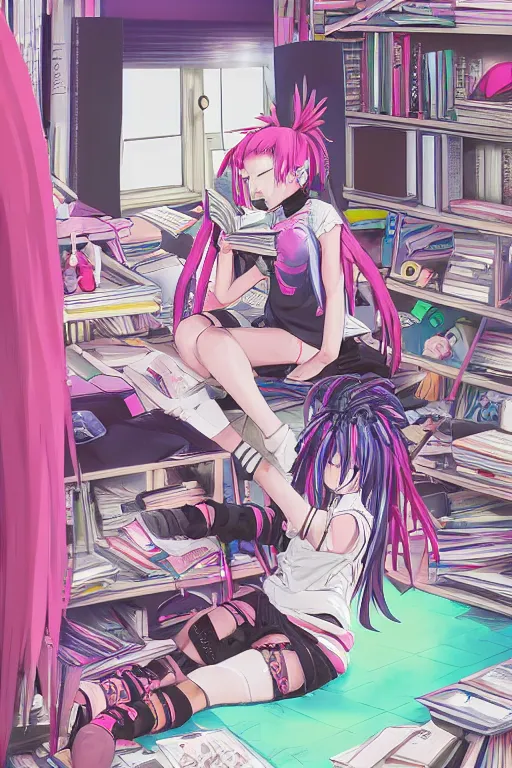 Image similar to concept art painting of a chibi anime cybergoth girl with pink dreads on the floor reading a book in a cluttered 9 0 s bedroom, chibi anime, artgerm, inio asano, toon shading, cel shading, calm, tranquil, vaporwave colors,