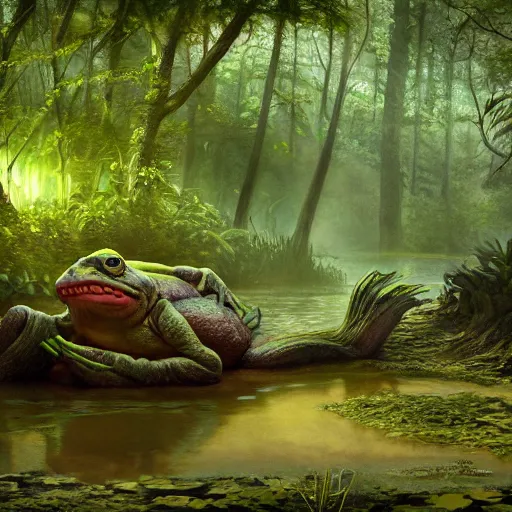 Image similar to an amphibian troll swimming in a swamp, matte painting, digital art, fantasy art, 8 k, trending on artstation, ultra detailed