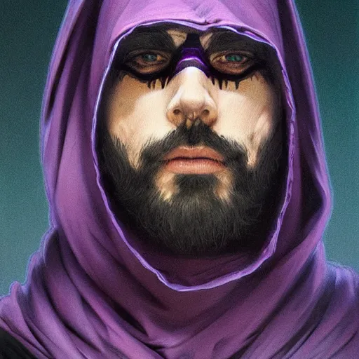 Image similar to ultra realistic illustration, man in a black hood, in a striped purple balaclava, mysterious, highly detailed, digital painting, artstation, concept art, smooth, sharp focus, illustration, art by artgerm and greg rutkowski and alphonse mucha