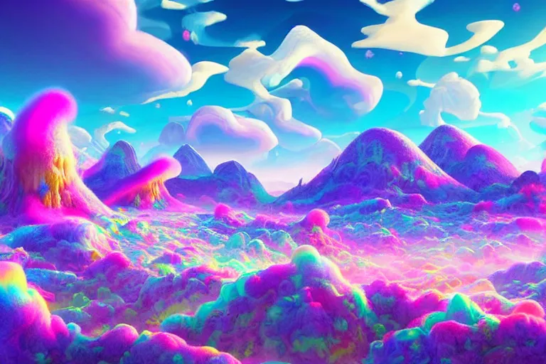 Image similar to a psychedelic realm with rolling plains made out of clouds, mountains made out of icebergs, and plant life made out of cotton candy, in the style of wlop and lisa frank, illustration, epic, fantasy, hyper detailed, smooth, unreal engine, sharp focus, ray tracing