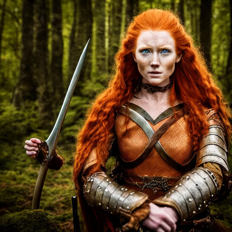 Image similar to 5 5 mm portrait photo of an armored handsome well - built female warrior, red hair, ginger hair, in a magical forest in the style of lord of the rings, highly detailed 8 k. intricate. lifelike. soft light. nikon d 8 5 0. cinematic post - processing