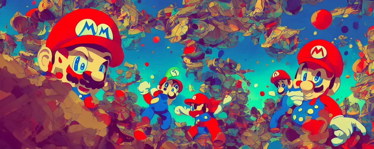 Image similar to duotone red blue green illustration 3 / 4 real life super mario is having psychedelic trip on mushrooms shamanic atmosphere chemical molecules formulas in the background. accidental renaissance fractals. by sachin teng and sergey kolesov and ruan jia and heng z. graffiti art, scifi, fantasy, hyper detailed. octane render. concept art. trending on artstation