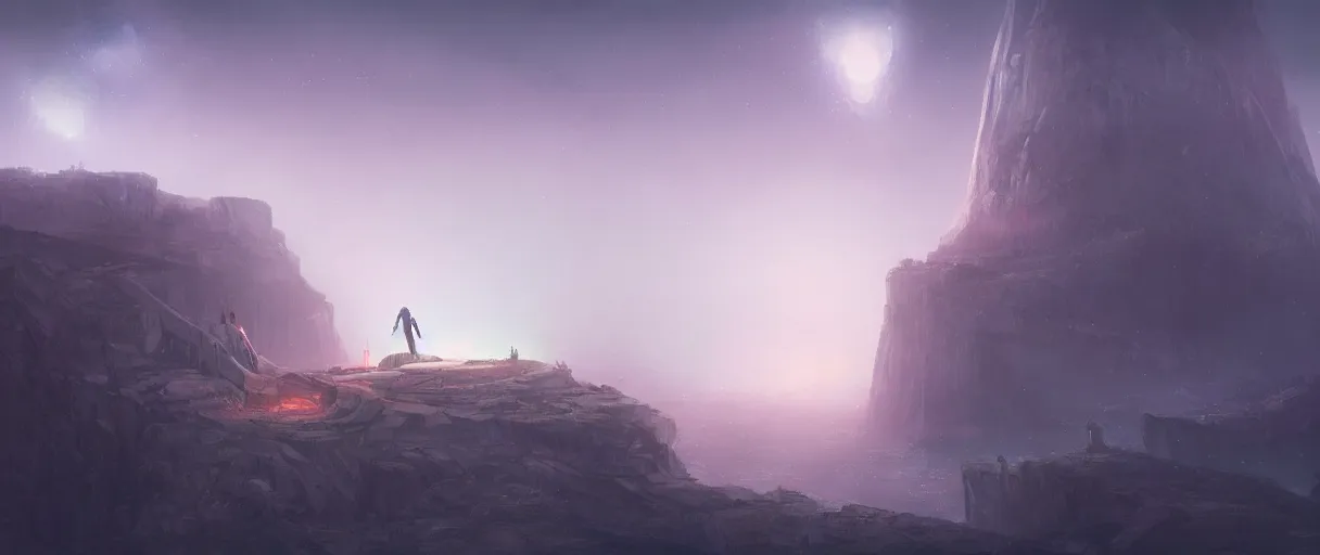 Image similar to broken pantheon amidst a foggy cliff side under a starlit sky, matte painting, futuristic, sci fi, style of jordan grimmer, digital painting, trending on artstation, high detail, volumetric lighting, godrays