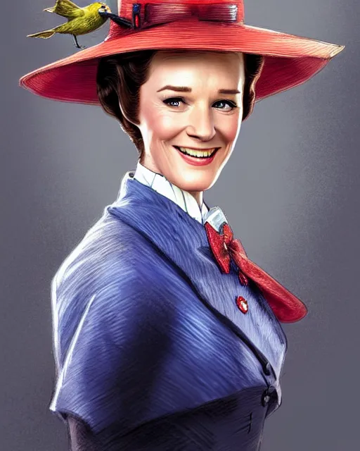 Prompt: Julie Andrews as Mary Poppins smiling and looking to the side, D&D, fantasy, intricate, elegant, highly detailed, digital painting, artstation, concept art, matte, sharp focus, illustration, hearthstone, art by Artgerm and Greg Rutkowski and Alphonse Mucha