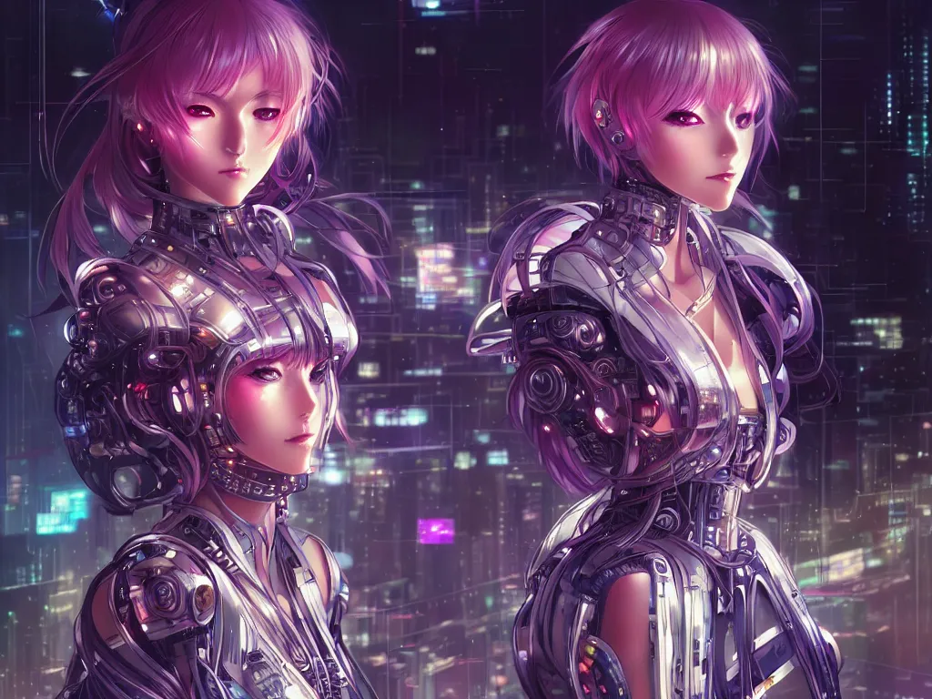 Image similar to anime visual of portrait futuristic cyber warrior girl, in future cyberpunk tokyo rooftop, ssci - fi, fantasy, intricate, very very beautiful, elegant, neon light, highly detailed, digital painting, artstation, concept art, smooth, sharp focus, illustration, art by artgerm and alphonse mucha and wlop and tian zi