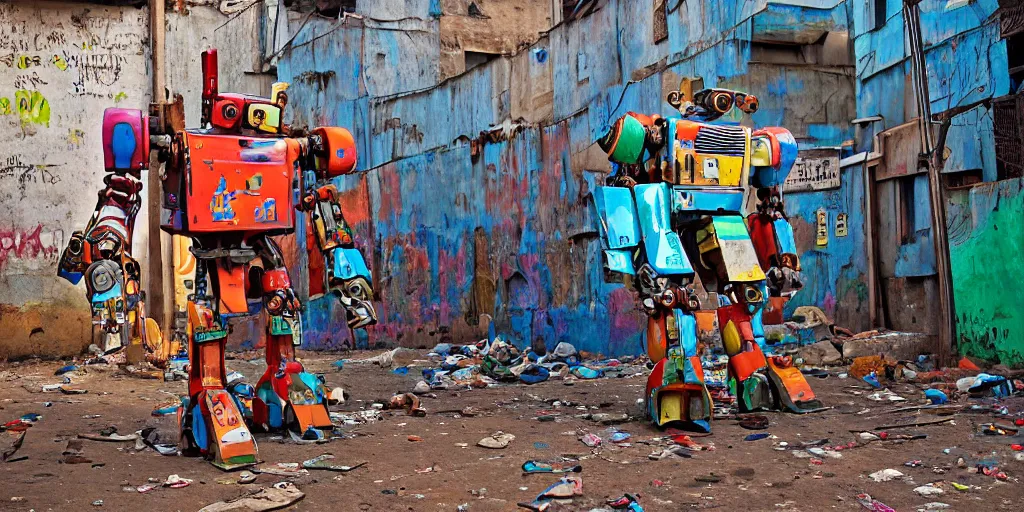 Image similar to colourful - damaged - giant mecha ROBOT of AJEGUNLE SLUMS (neon lit) of Lagos, markings on robot, Golden Hour,